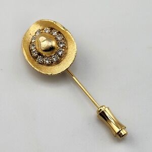 Gold Tone Cowboy Hat Stick Pin with Rhinestones